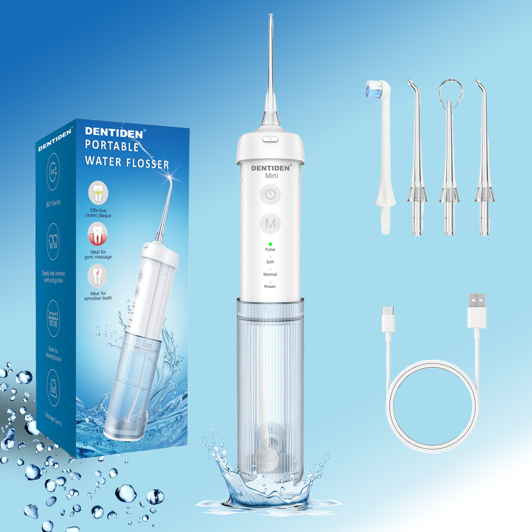 Dentiden Mini Pro | Portable Dental Flosser with 4 Nozzles | IPX7 Waterproof | Cordless, Rechargeable